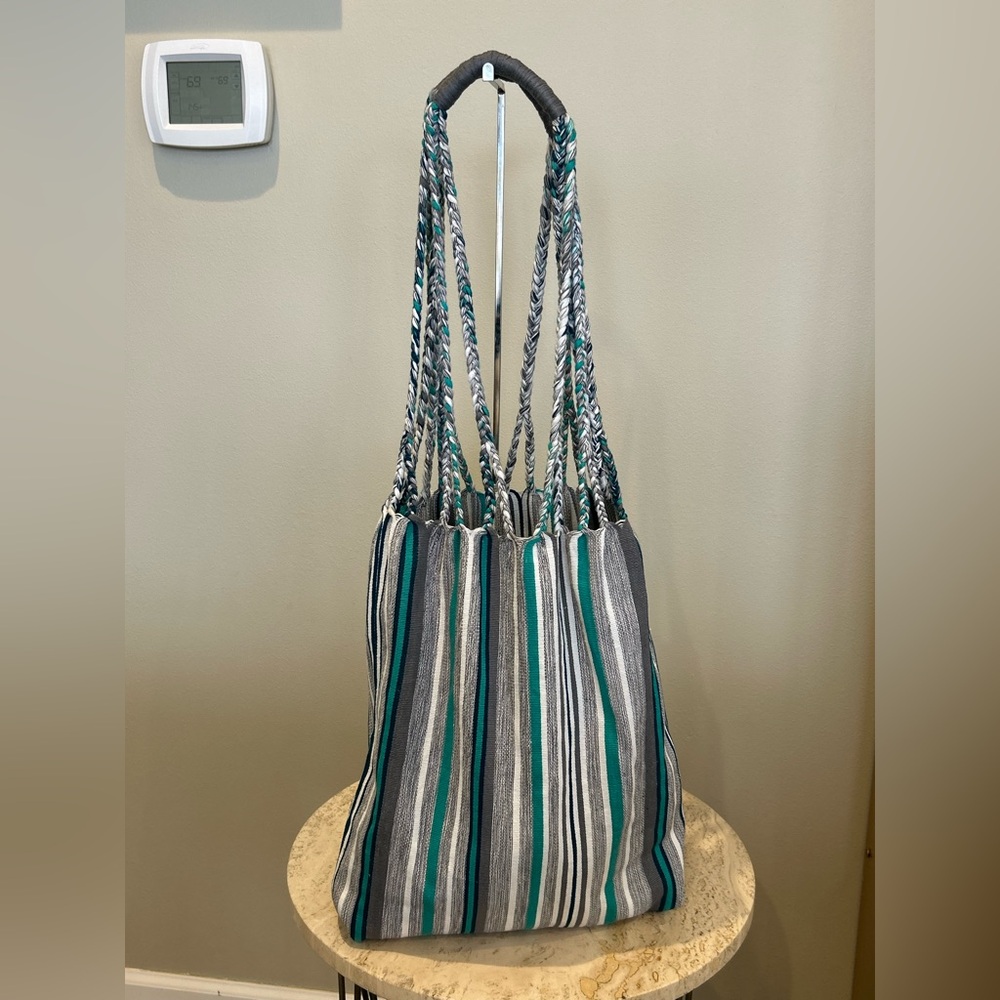 Striped Teal & Gray Women’s Tote Bag Natural Cotton